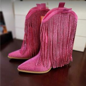 Pink Rhinestone Fringe Western Boots
